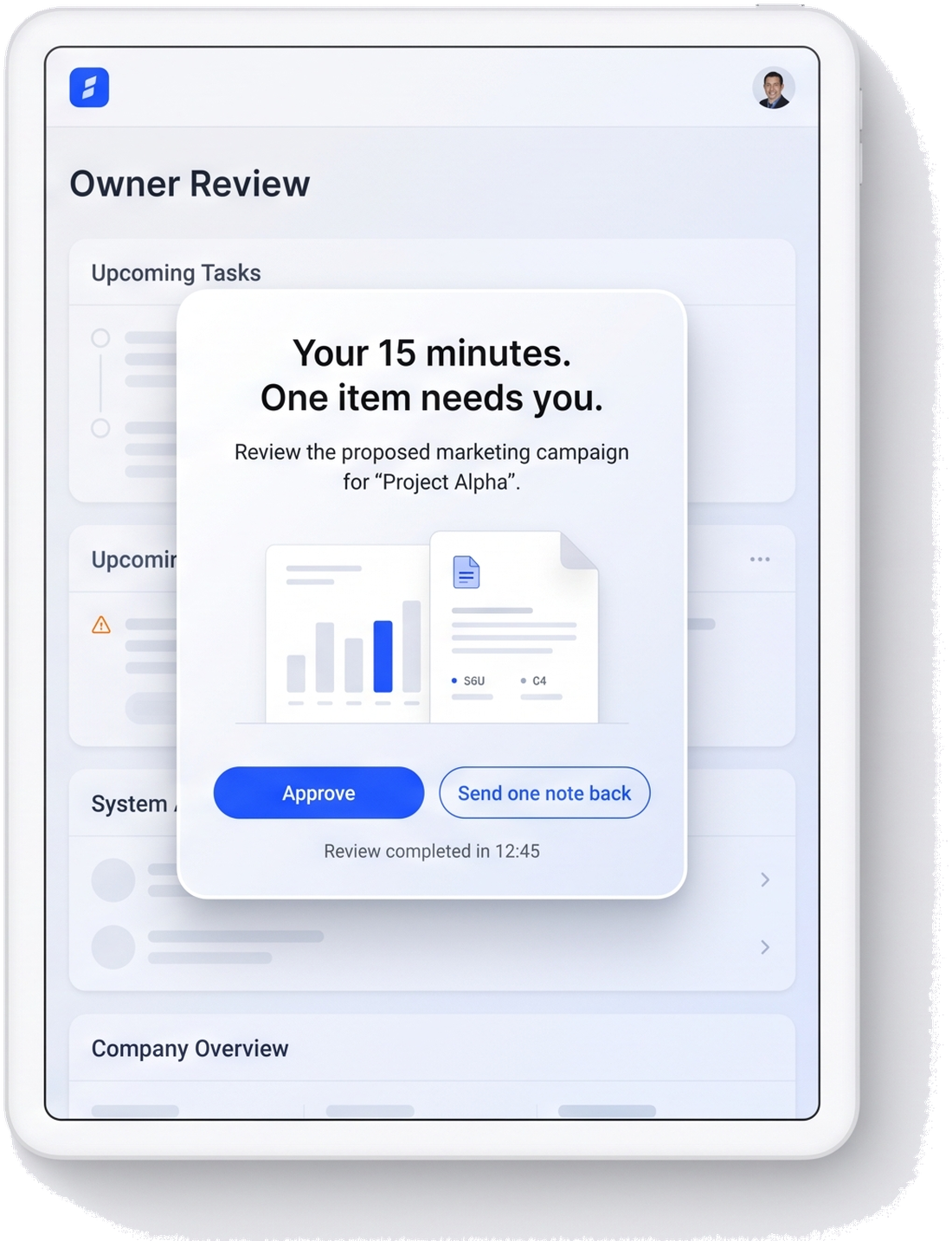 Owner review on tablet: one item needs approval, Approve or Send one note back